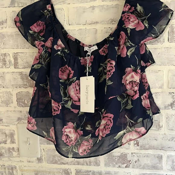 NWT Lucy Paris Women's XS Oversized Navy and Pink Crop-top Flowy Floral Dressy - Picture 1 of 6